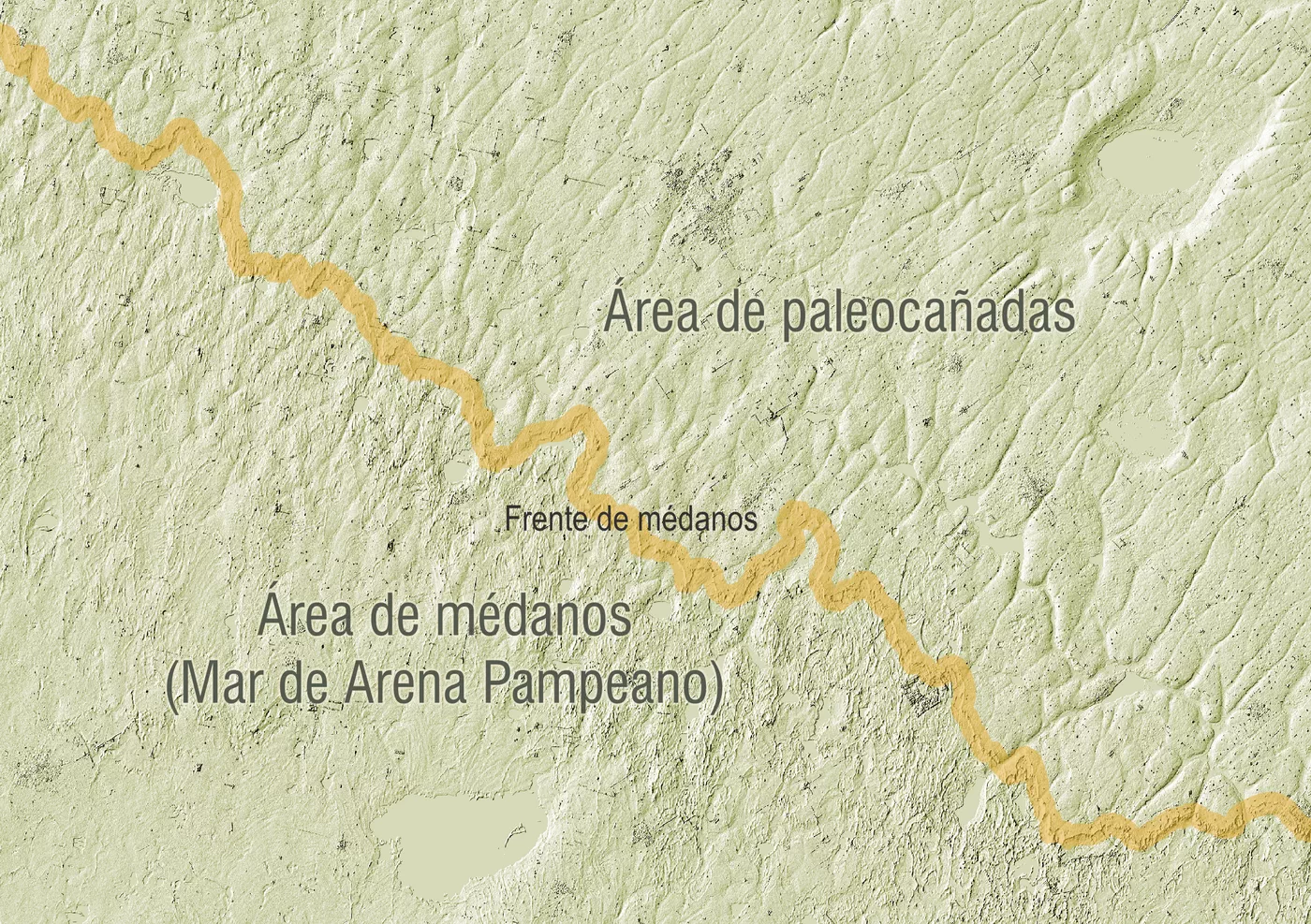 DEM sur de Santa Fe y sudeste de Córdoba con delimitaciónfrente de médanos,  áreas de médanos y paleocañadas